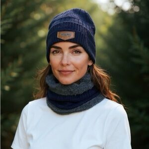 Cozy Navy and Gray Knit Beanie and Scarf Set